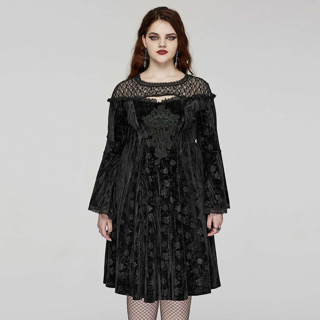 DQ-733LQF Elegant Gothic Velvet Dress with Lace Detail and Bell Sleeves?-??Punk Rave Clothing