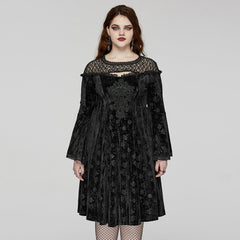 DQ-733LQF Elegant Gothic Velvet Dress with Lace Detail and Bell Sleeves?-??Punk Rave Clothing
