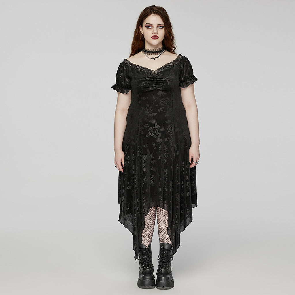 DQ-735LQF Gothic Velvet Rose Asymmetrical Lace-Up Dress?-??Punk Rave Clothing