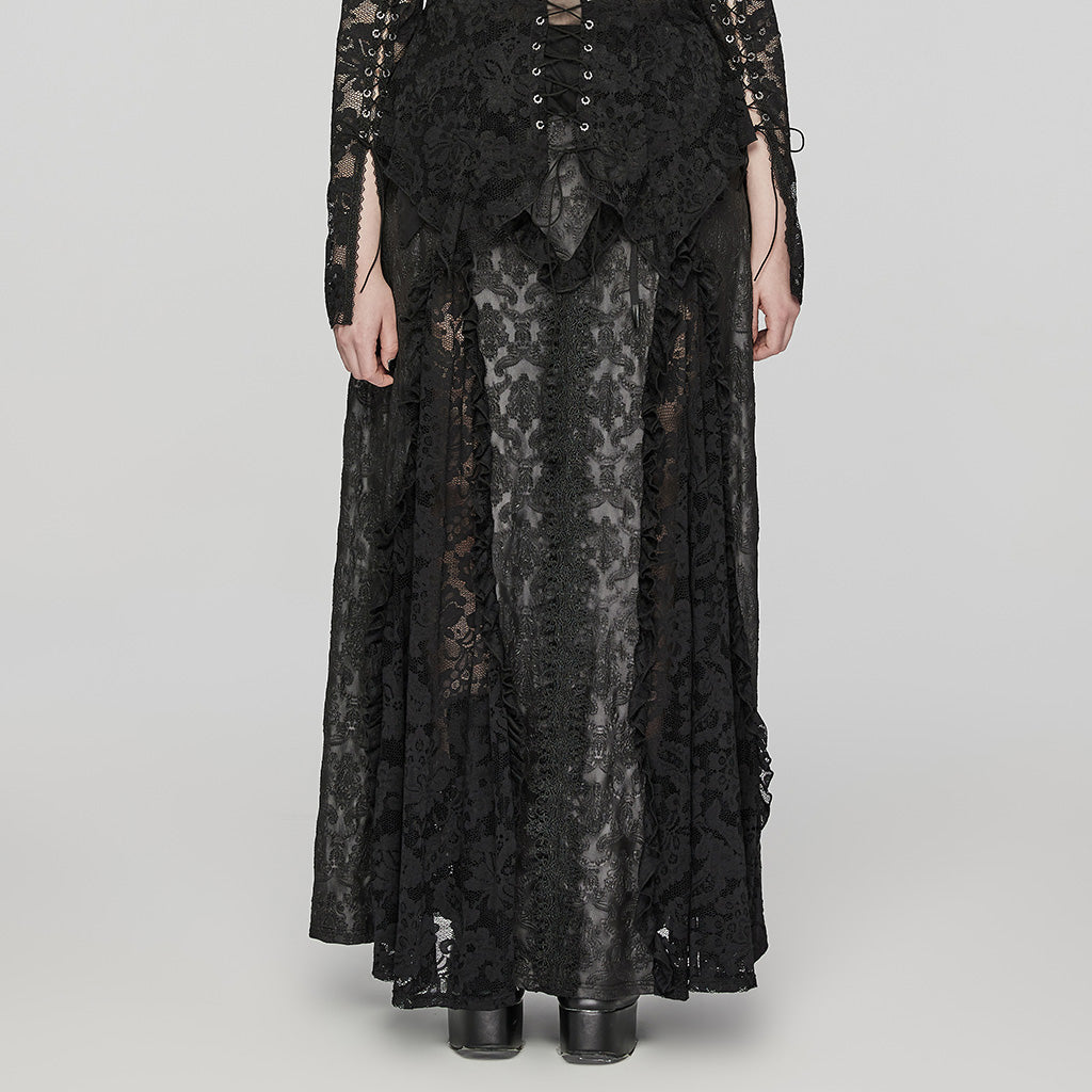 DQ-744BQF Gothic Lace Overlay Asymmetrical Maxi Skirt?-??Punk Rave Clothing