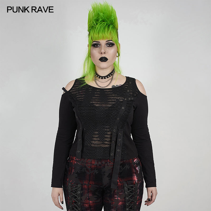 DT-668TCF punk sexy cracked long-sleeved T-shirt?-??Punk Rave Clothing