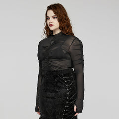 DT-800TCF Gothic Ruched Skeleton Sheer Long Sleeve T-Shirt?-??Punk Rave Clothing