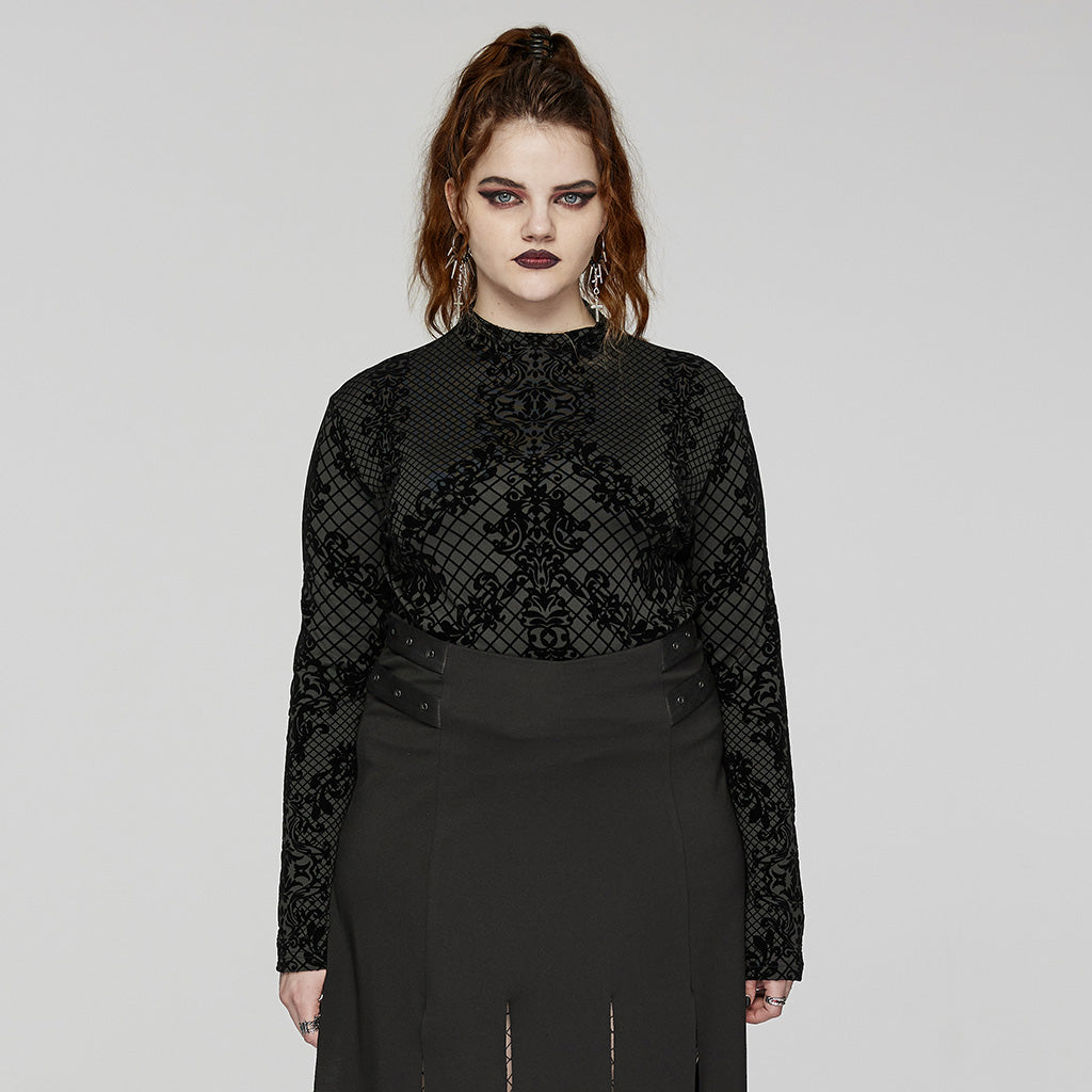 DT-830TCF Gothic Black Flocked Mesh Long Sleeve T-Shirt?-??Punk Rave Clothing