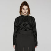 DT-830TCF Gothic Black Flocked Mesh Long Sleeve T-Shirt?-??Punk Rave Clothing