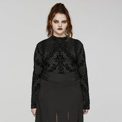 DT-830TCF Gothic Black Flocked Mesh Long Sleeve T-Shirt?-??Punk Rave Clothing
