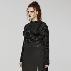 DT-830TCF Gothic Black Flocked Mesh Long Sleeve T-Shirt?-??Punk Rave Clothing