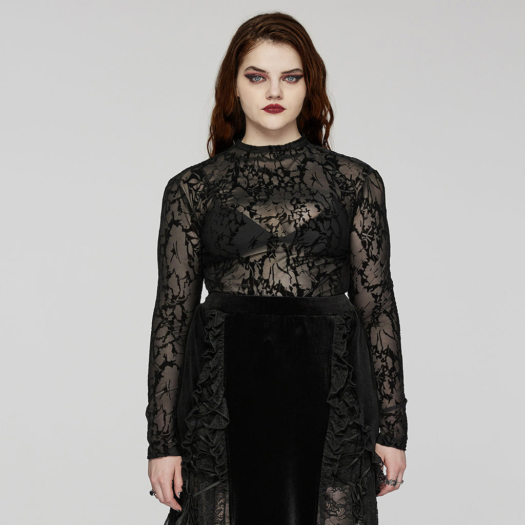 DT-834TCF Gothic Black Lace Mesh Floral Long Sleeve T-Shirt?-??Punk Rave Clothing