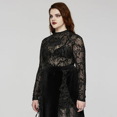DT-834TCF Gothic Black Lace Mesh Floral Long Sleeve T-Shirt?-??Punk Rave Clothing
