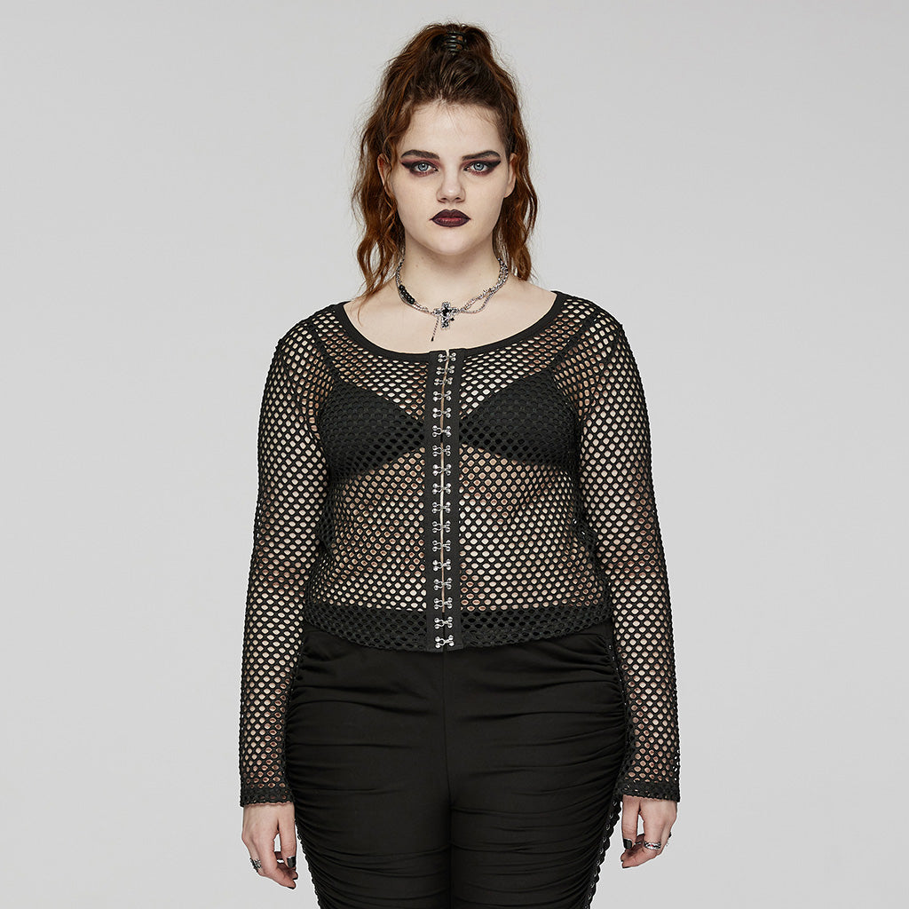 DT-869TCF Fishnet Mesh Punk Shirt Gothic Black Long Sleeve Top?-??Punk Rave Clothing