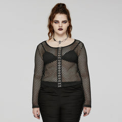 DT-869TCF Fishnet Mesh Punk Shirt Gothic Black Long Sleeve Top?-??Punk Rave Clothing