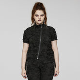 DT-878TDF Edgy Black Textured Zip-Up Punk T-Shirt?-??Punk Rave Clothing