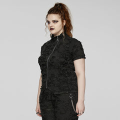 DT-878TDF Edgy Black Textured Zip-Up Punk T-Shirt?-??Punk Rave Clothing