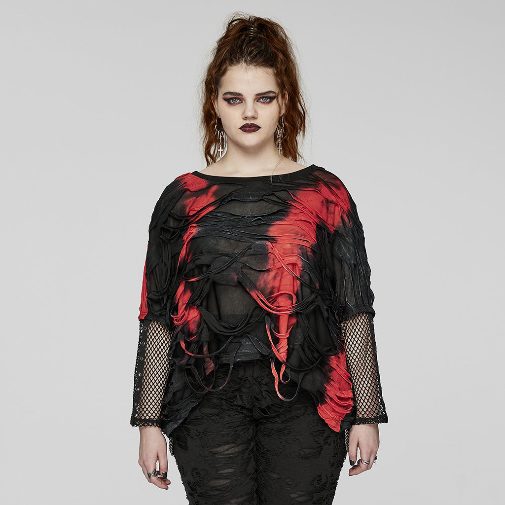 DT-905TCF Edgy Tie-Dye Mesh Sleeve Punk T-Shirts?-??Punk Rave Clothing