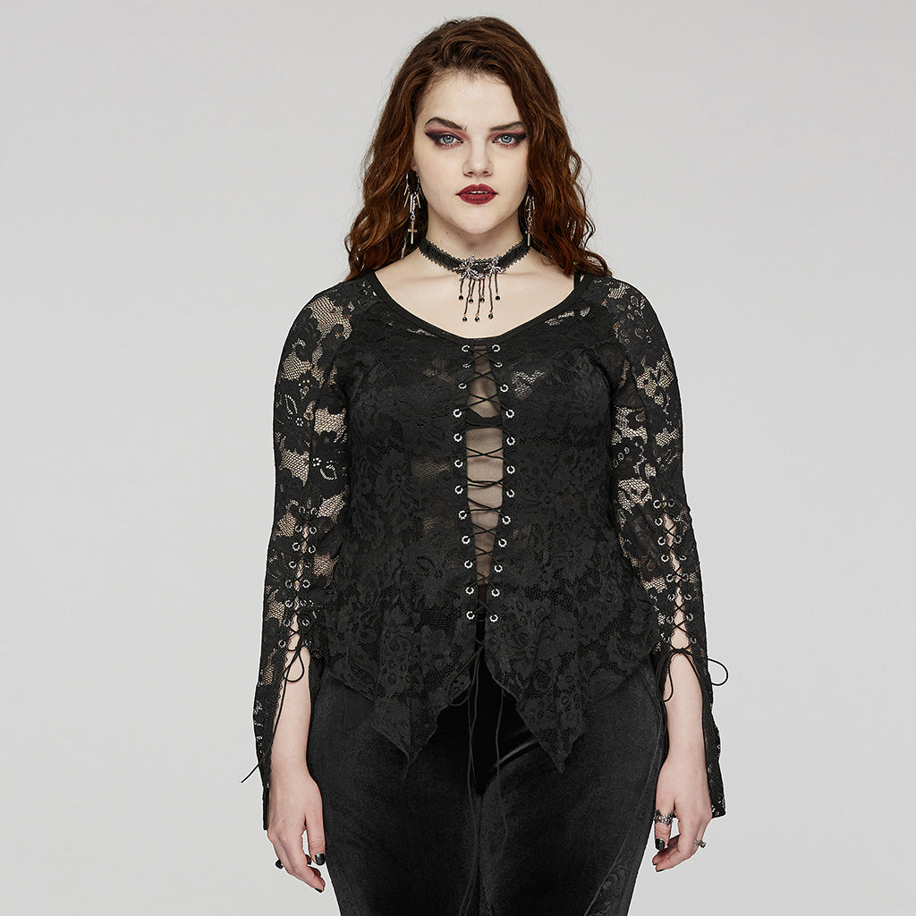 DT-925TCF Gothic Lace Top V-Neck Irregular Hem Design Shirt?-??Punk Rave Clothing