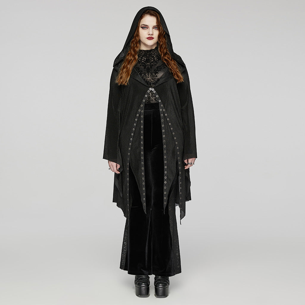 DY-1627XCF Gothic Hooded Cardigan Black Asymmetrical Lace-Up Design?-??Punk Rave Clothing
