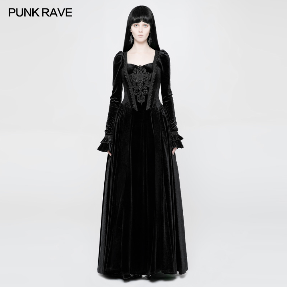 WQ-360 Victorian Stretch Dark Embossing Solid Color Velvet Gothic Dress?-??Punk Rave Clothing