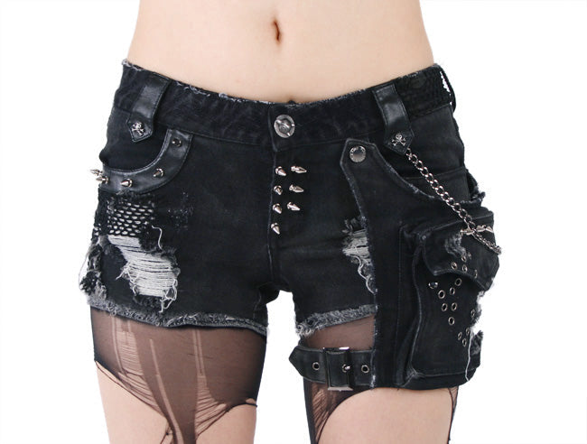 K-127 Edgy Distressed black Denim Shorts with Chains and Studs FALSE?-??Punk Rave Clothing