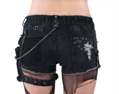 K-127 Edgy Distressed black Denim Shorts with Chains and Studs FALSE?-??Punk Rave Clothing