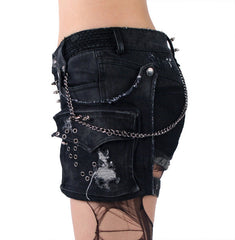 K-127 Edgy Distressed black Denim Shorts with Chains and Studs FALSE?-??Punk Rave Clothing
