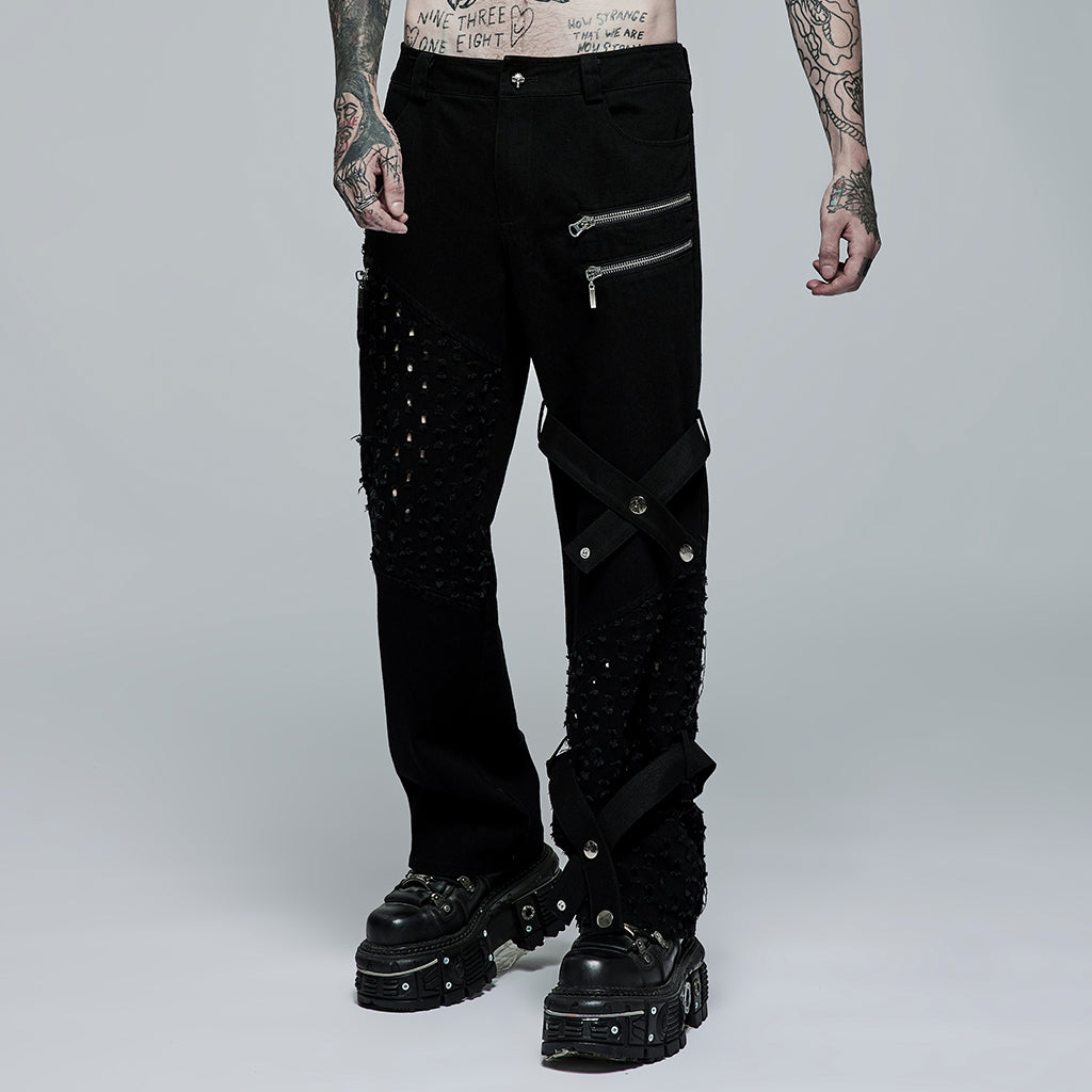 WK-494XCM Edgy Black Hole-Punctured Punk Pants with Zipper Accents?-??Punk Rave Clothing