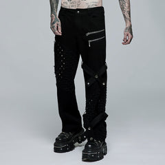 WK-494XCM Edgy Black Hole-Punctured Punk Pants with Zipper Accents?-??Punk Rave Clothing
