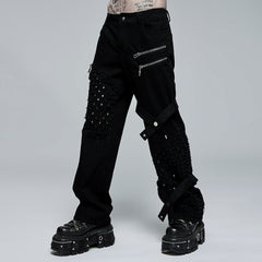 WK-494XCM Edgy Black Hole-Punctured Punk Pants with Zipper Accents?-??Punk Rave Clothing