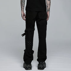 WK-494XCM Edgy Black Hole-Punctured Punk Pants with Zipper Accents?-??Punk Rave Clothing