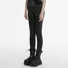 OK-686NCF Gothic Moto Style Ribbed Punk Pants for Edgy Fashion