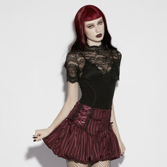 OK-786XDF Gothic Skirt Corset Waist Lace-Up Pleated Hem Dark Red
