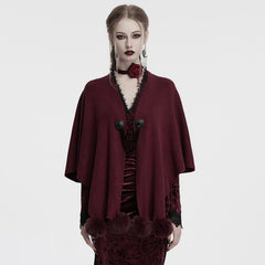 OM-094KMF Luxurious Gothic Coat Burgundy Cape with Black Lace Trim