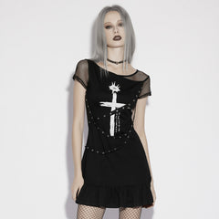 OPQ-1574LQF Edgy Mesh Sleeve Ruffle Hem Punk Dress Cross Design