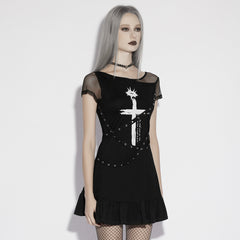 OPQ-1574LQF Edgy Mesh Sleeve Ruffle Hem Punk Dress Cross Design