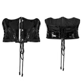 OPS-170DQF Black Leather Lace-Up Punk Corset Waist Cincher Bustier Top Sleek Black Punk Corset Shiny PVC Lace Up Design