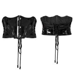 OPS-170DQF Black Leather Lace-Up Punk Corset Waist Cincher Bustier Top Sleek Black Punk Corset Shiny PVC Lace Up Design