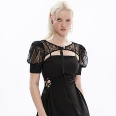 OPS-265QTF Gothic Lace Dress Cuffed Balloon Sleeves Crisscross Back Tie