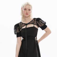 OPS-265QTF Gothic Lace Dress Cuffed Balloon Sleeves Crisscross Back Tie