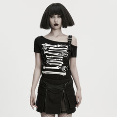 OPT-1001TDF Skeleton Print Cold Shoulder Punk T-Shirts with Buckle Strap