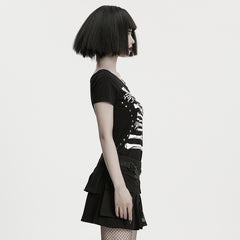 OPT-1001TDF Skeleton Print Cold Shoulder Punk T-Shirts with Buckle Strap