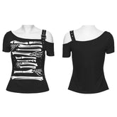 OPT-1001TDF Skeleton Print Cold Shoulder Punk T-Shirts with Buckle Strap