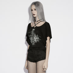 OPT-1002TDF Gothic T-Shirts Chandelier Print Cross-Strap Neckline Black Top
