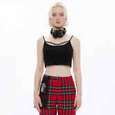 OPT-778DDF Black Chain Detail Crop Top Punk Shirts Style Chain Accent Crop Punk Shirt Black Red Plaid Pants Combo