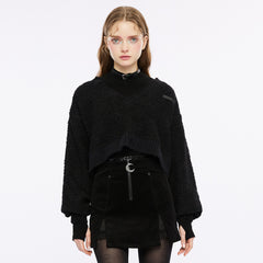OPT-809TCF Edgy Black V-neck Punk Sweater with Textured Loose Fit