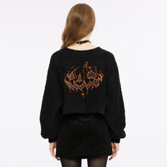 OPT-809TCF Edgy Black V-neck Punk Sweater with Textured Loose Fit