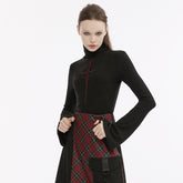 OPT-828TCF Gothic Shirts Cross Design Flared Sleeves Plaid Accent Top
