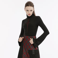 OPT-828TCF Gothic Shirts Cross Design Flared Sleeves Plaid Accent Top