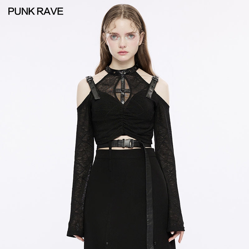 OPT-833TCF Gothic cross hollow out short top?-??Punk Rave Clothing
