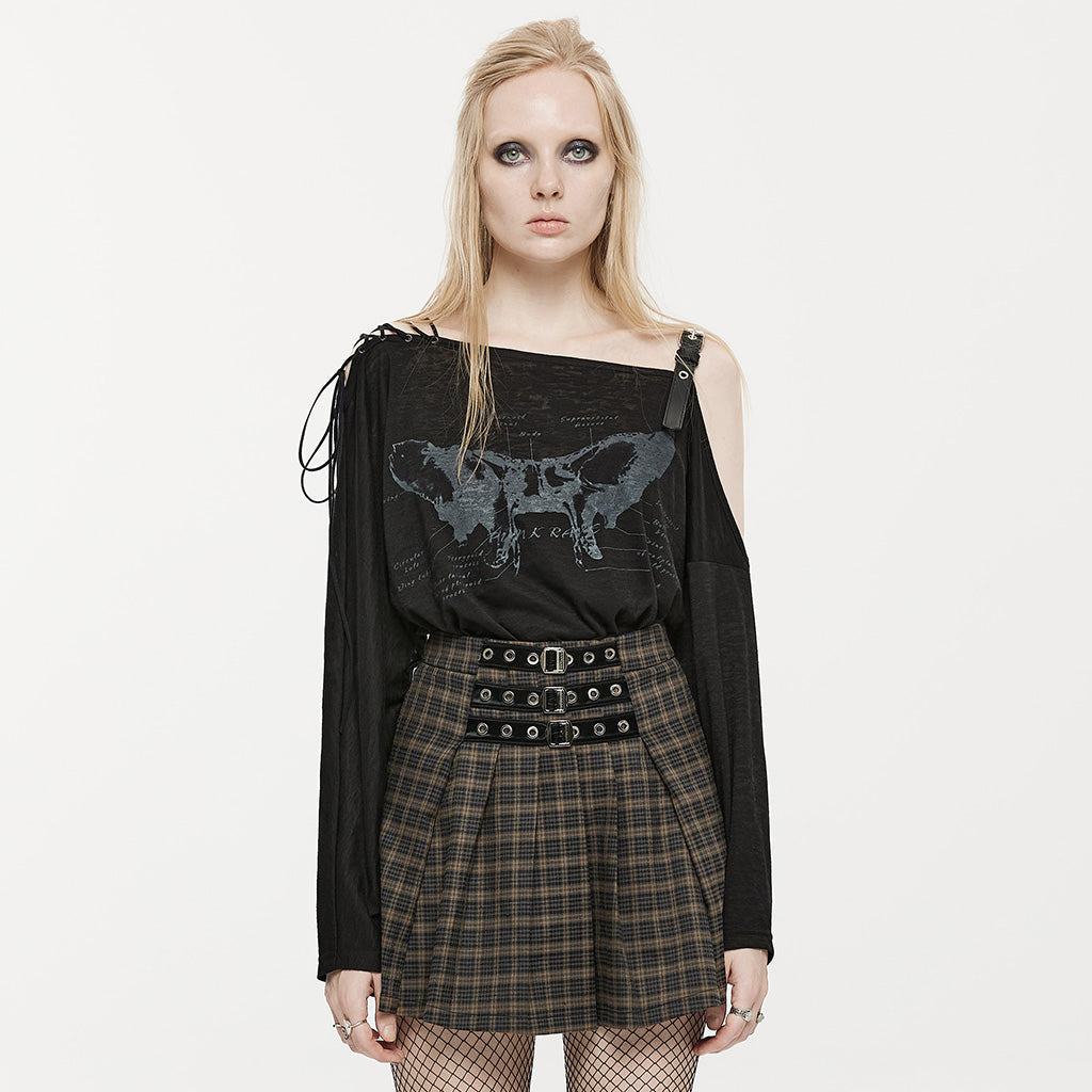 OPT-846TCF Punk Off-Shoulder Asymmetrical Graphic Long Sleeve T-Shirt Black?-??Punk Rave Clothing