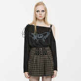 OPT-846TCF Punk Off-Shoulder Asymmetrical Graphic Long Sleeve T-Shirt Black?-??Punk Rave Clothing