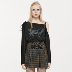 OPT-846TCF Punk Off-Shoulder Asymmetrical Graphic Long Sleeve T-Shirt Black?-??Punk Rave Clothing