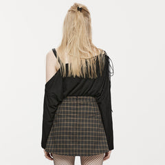 OPT-846TCF Punk Off-Shoulder Asymmetrical Graphic Long Sleeve T-Shirt Black?-??Punk Rave Clothing